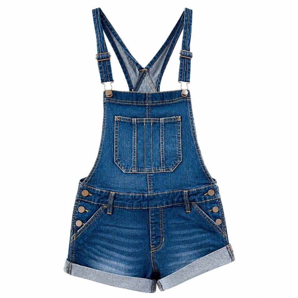 No Boundaries Denim Shortalls 3" Inseam Cuffed Medium Blue Stretch Bib M (10)